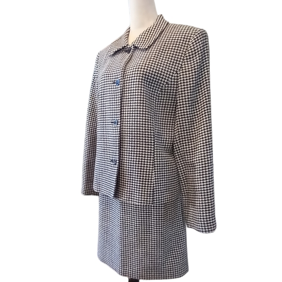 Wool Tweed Midi Skirt Suit Black and White Herringbone Check 12/14 - Picture 3 of 7